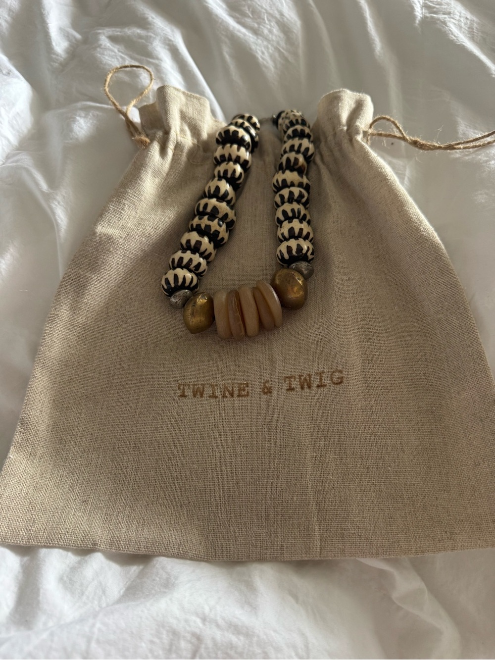 Twine & Twig Cream and Black Beaded Statement Necklace with gold accents - Picture 2 of 3